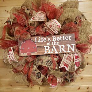 New - Hand Crafted Khaki and Red Deco Mesh Wreath